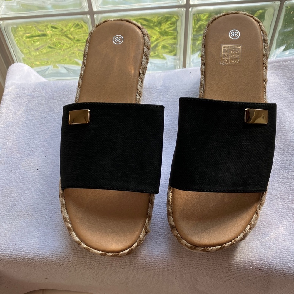 Shoes Unbranded Women’s Slip on Wedge Espadrille Heel Sz 38 Black Denim Look